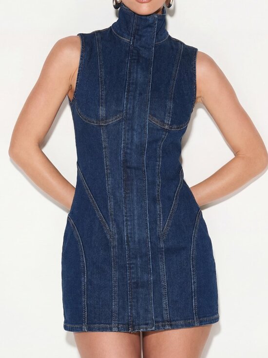 Dresses & Skirts - Blue Casual Women's Funnel Neck Sleeveless Chic Mini Dress